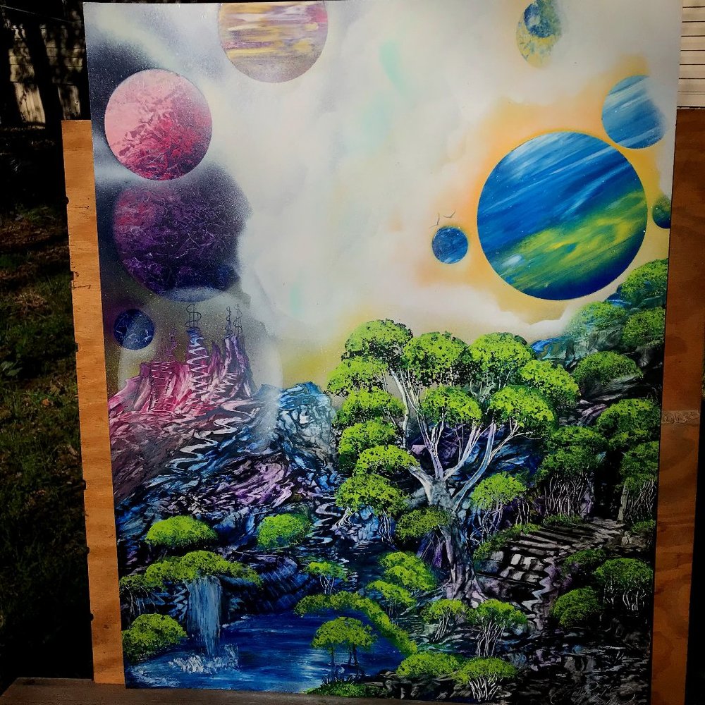 Hand Painted 22" inch by 28" inch painting of Outer World Planets and Foliage